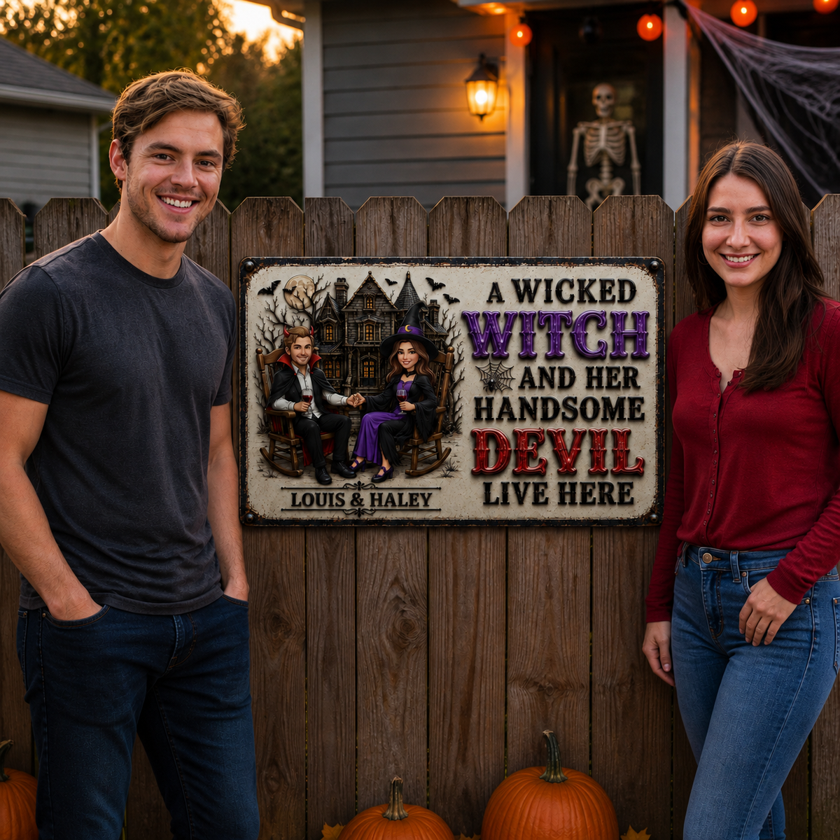 Custom Photo Name Devil and Witch Couple Metal Sign, Personalized Halloween Love Wall Decor, Gift for Couples hn27082026