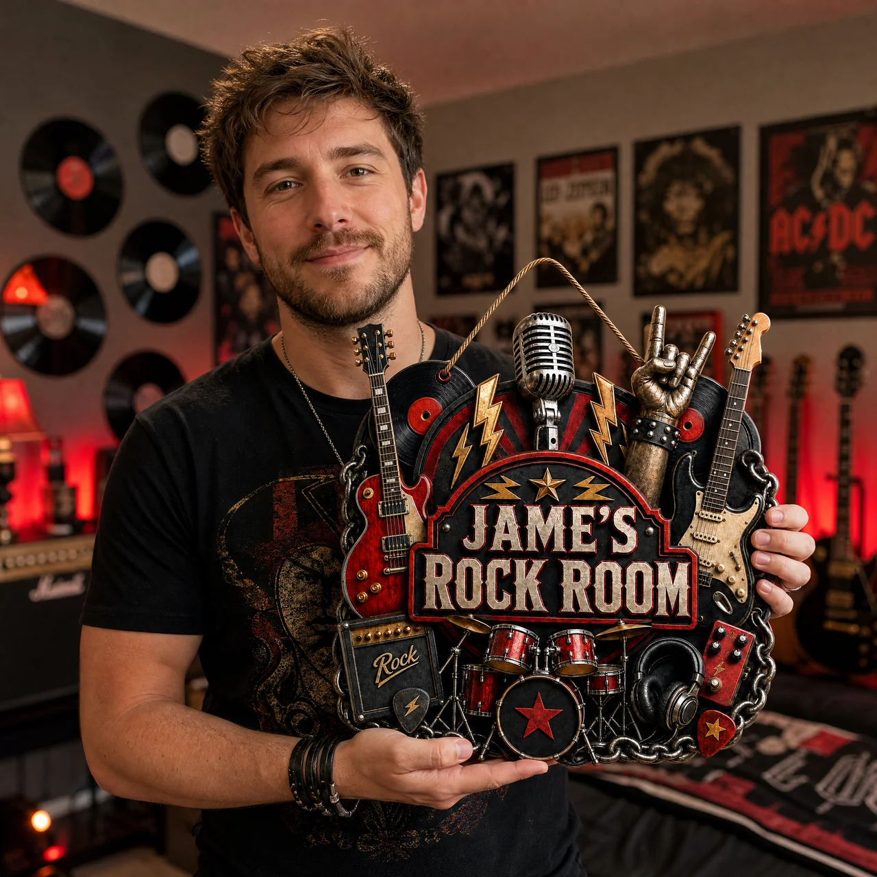 Custom Name Rock Music Door Hanger - Personalized Heavy Metal Studio Room Sign hn27072026