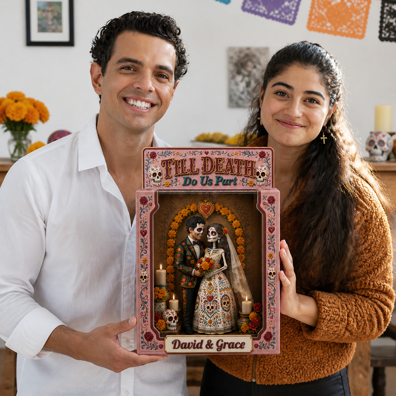 Custom Photo Name Couple Box Plaque, Personalized Day of the Dead Wedding Display, Romantic Gift for Couples hn05082026