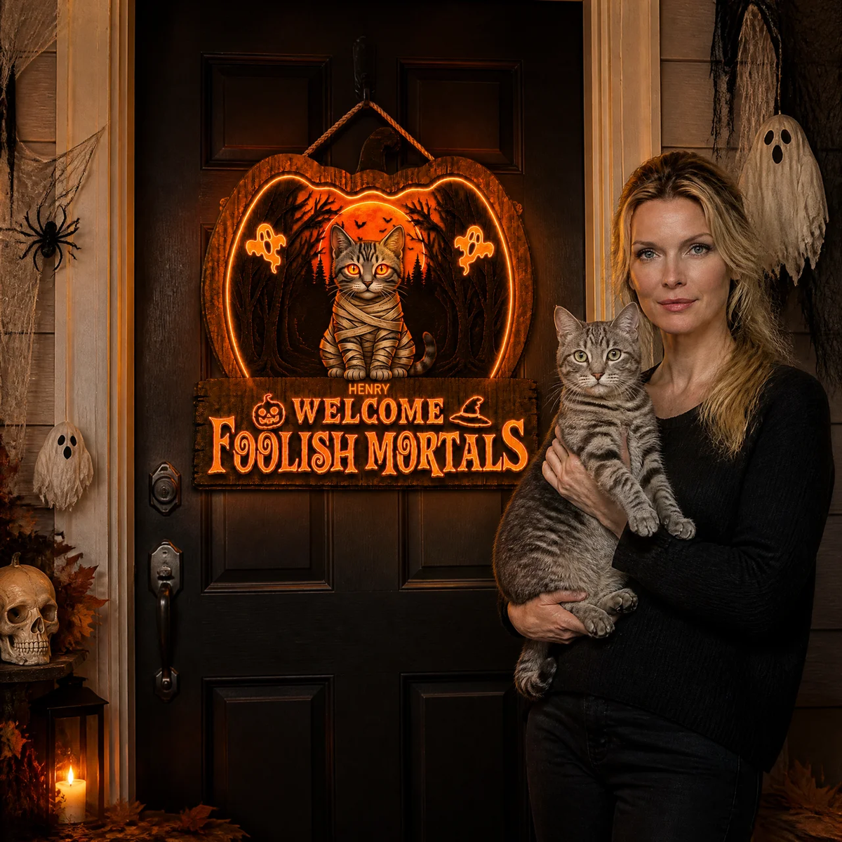 Custom Photo Name Cat Door Hanger, Personalized Glow Halloween Pet Sign, Gift for Pet Lovers hn03082026