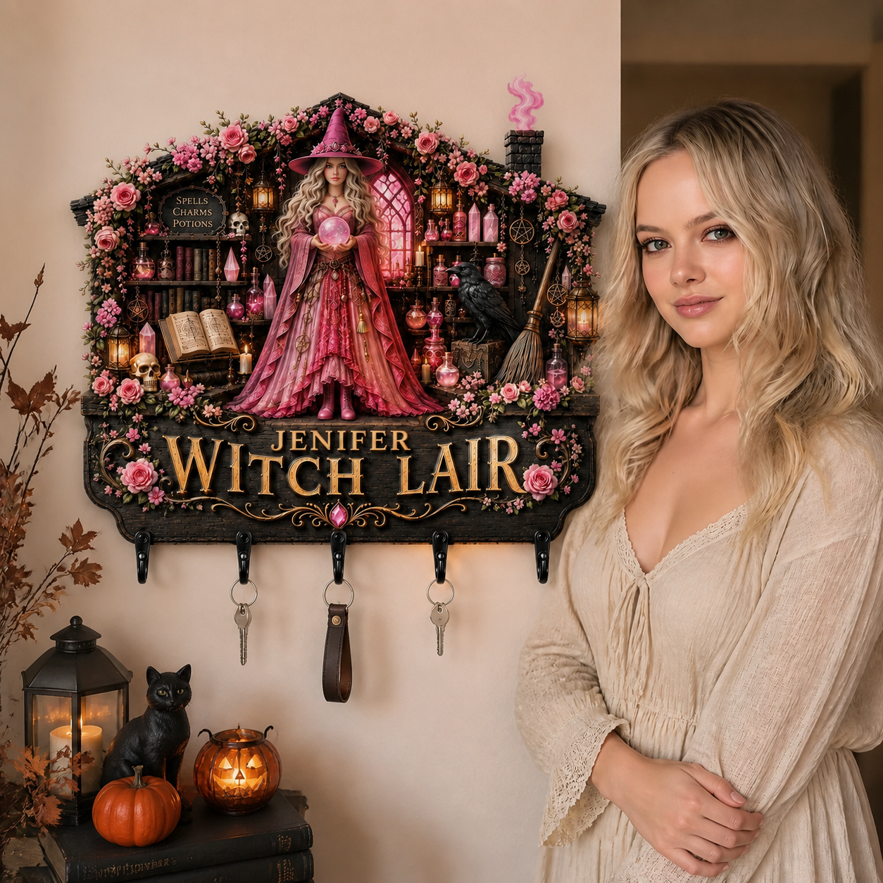 Custom Photo Name Witch Key Hanger, Personalized Halloween Wall Key Holder, Gift for Witch Fans hn29072026