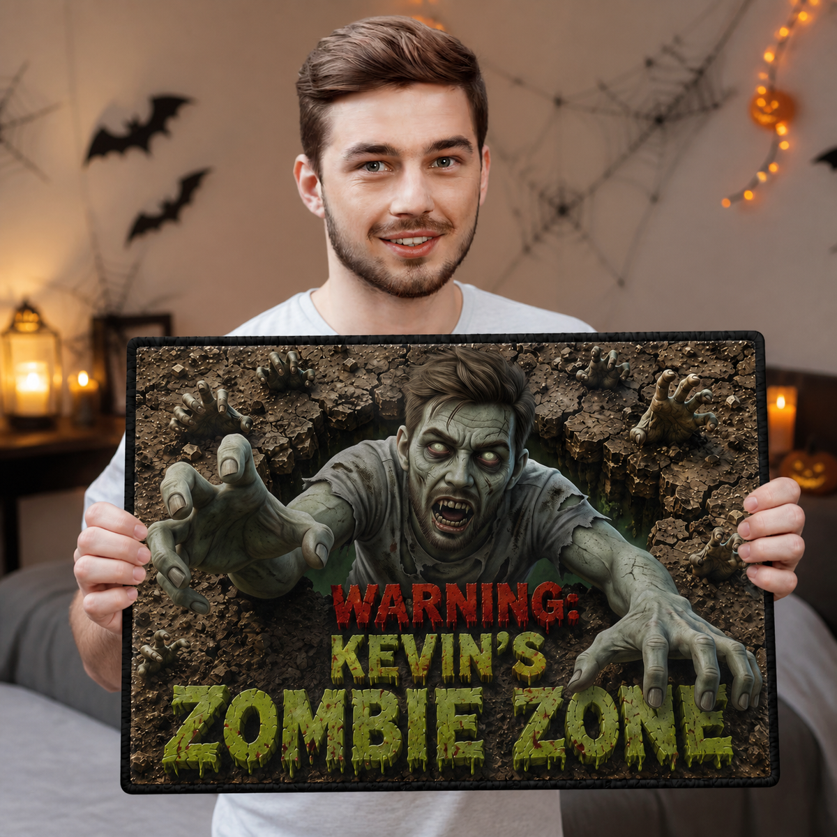 Custom Photo Name Zombie Doormat, Personalized Halloween Welcome Mat, Spooky Gift for Zombie Fans hn01082026