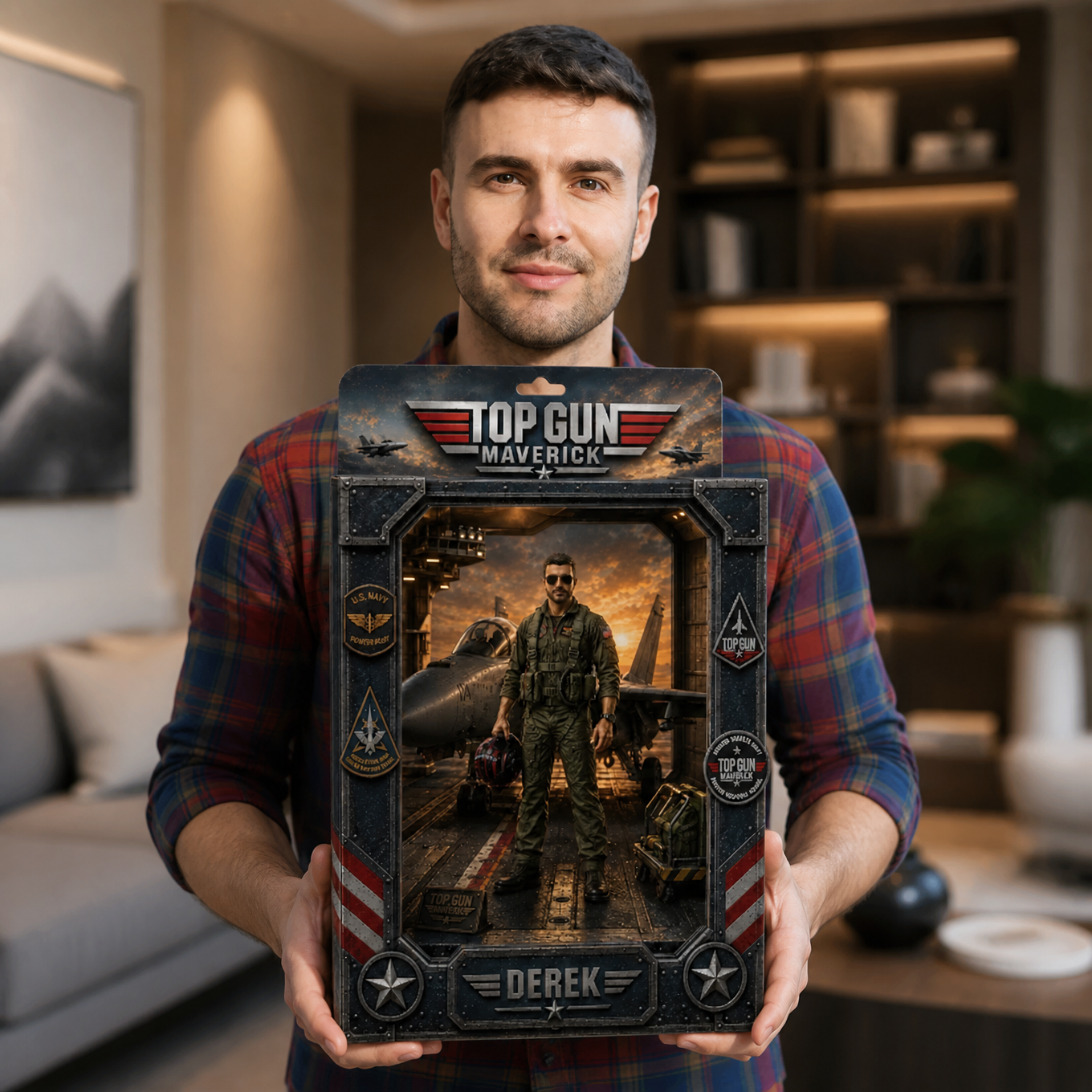Custom Top Gun Pilot Photo Box Plaque - Personalized Fighter Jet Toy Style Gift for Dad