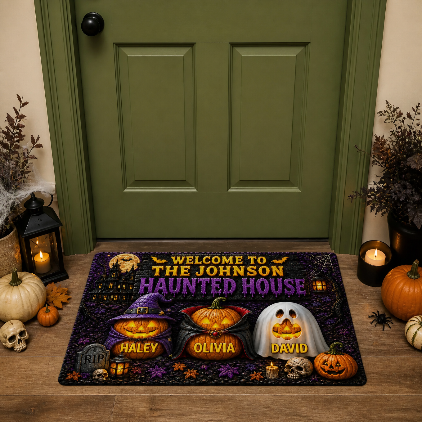 Custom Name Halloween Rug, Personalized Haunted House Welcome Mat, Gift for Horror Fans hn03082026