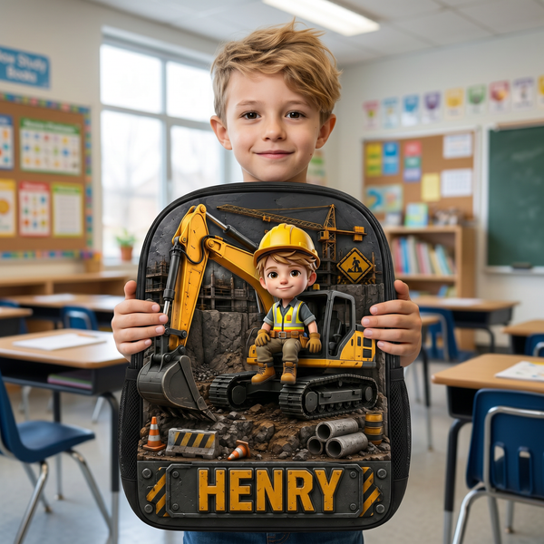 Construction Vehicle Backpack With Custom Photo, Personalized Back To School Gift For Kids