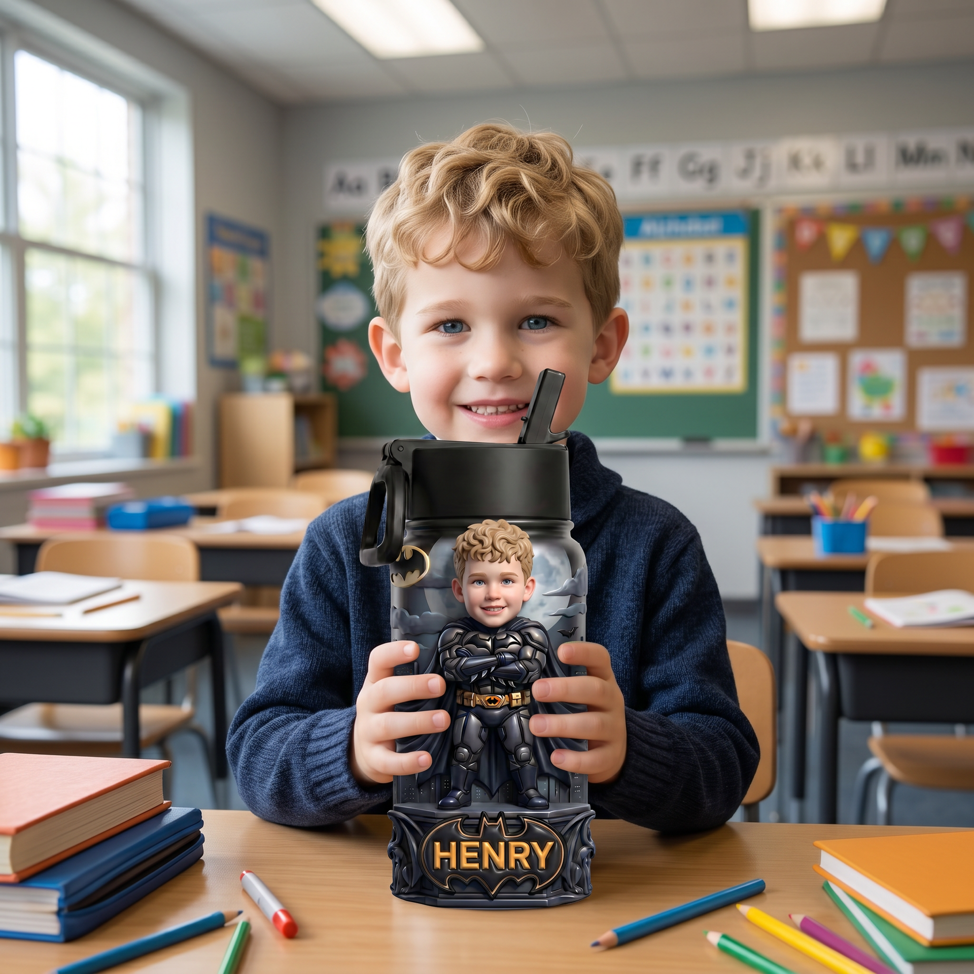 Custom Photo & Name Kids Water Bottle - Stainless Steel Superhero Gift