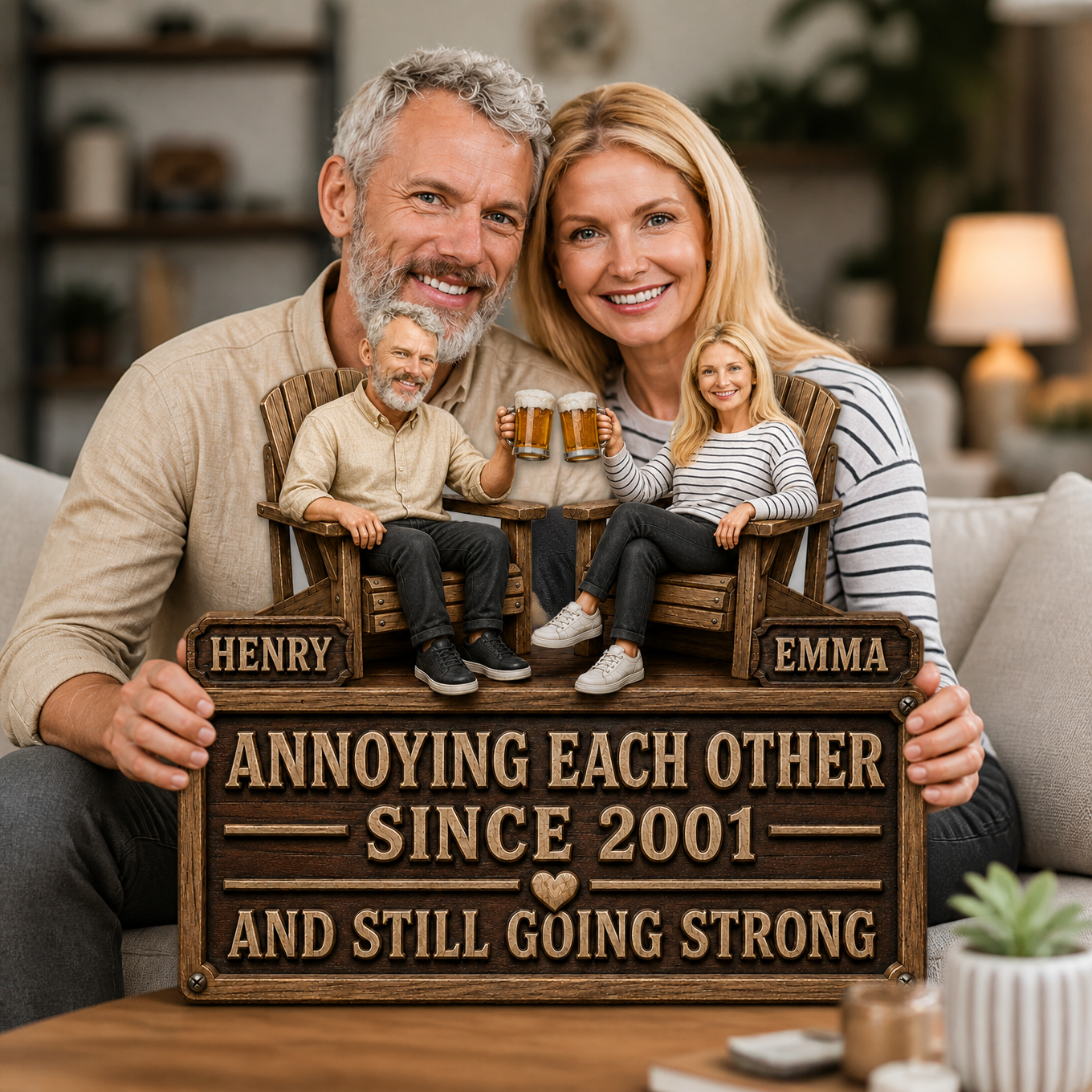 Personalized Couple Photo 3D Effect Door Sign - Custom Name Beer Lovers Wall