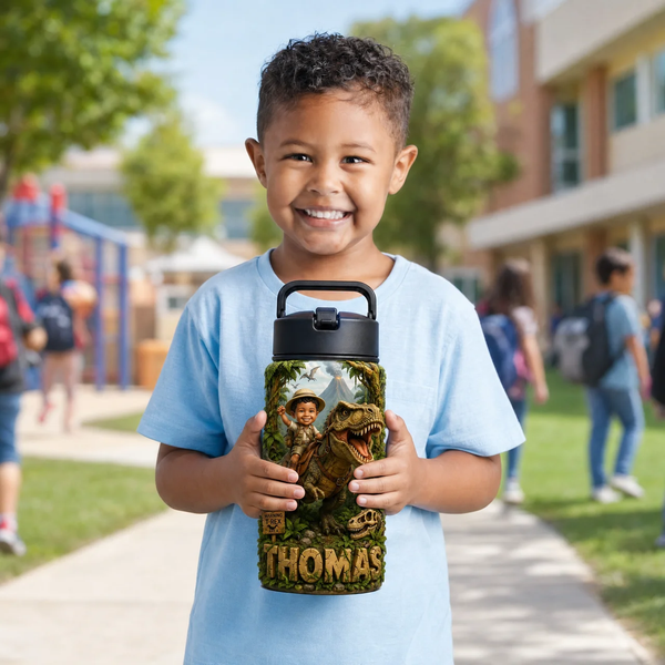 Custom Photo Dinosaur Kids Water Bottle - Personalized T-Rex Back To School Gift for Boys