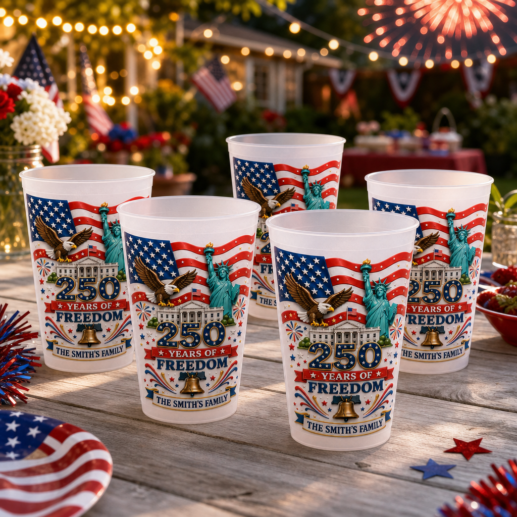 Custom Frosted Cup 4th Of July Gift, Personalized Patriotic Party Cup, USA Freedom Celebration Tumbler, Custom Family Name Independence Day Cup