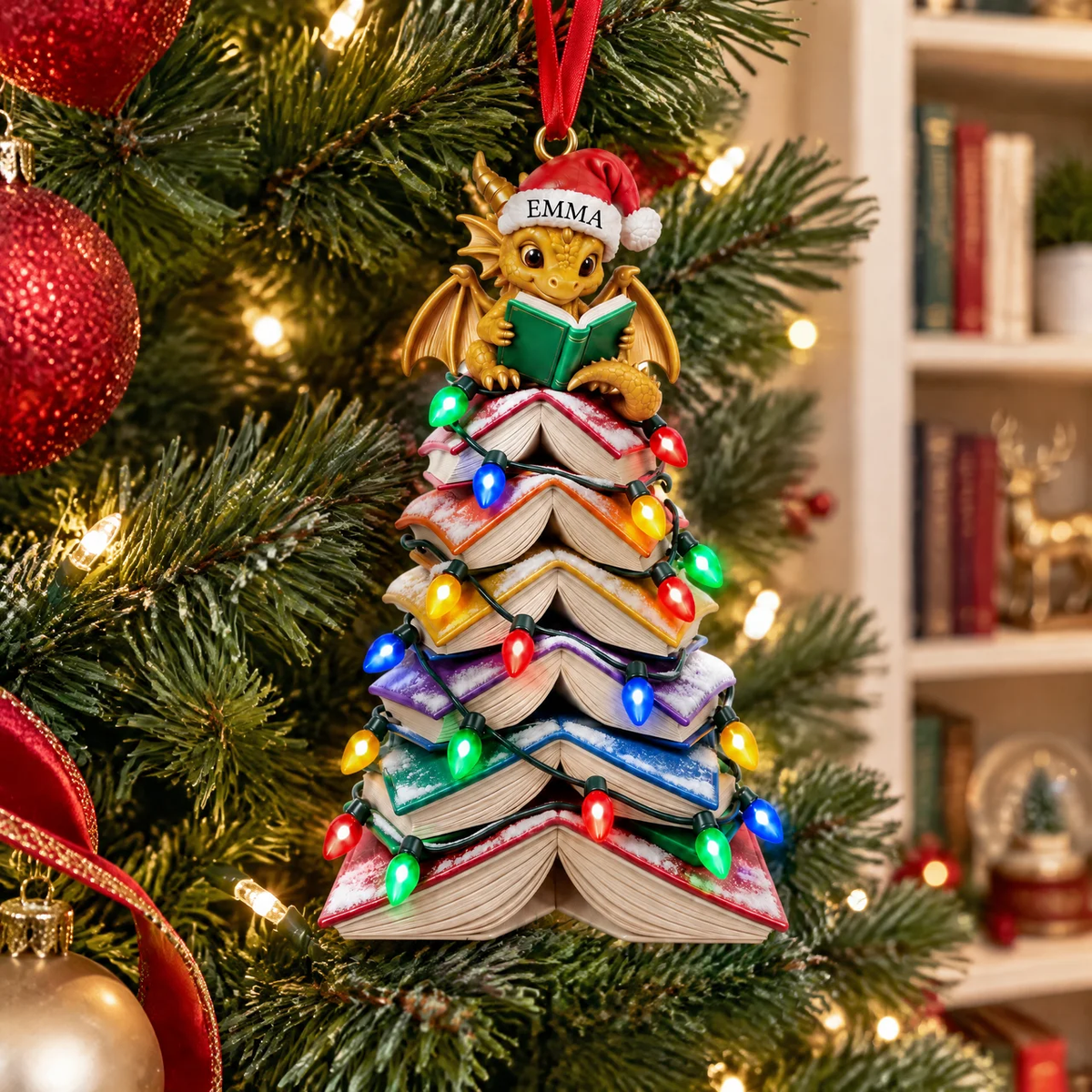 Custom Dragon Christmas Ornament With Name, Personalized Reading Book Holiday Keepsake, Gift for Book Lovers and Fantasy Fans hn07102026