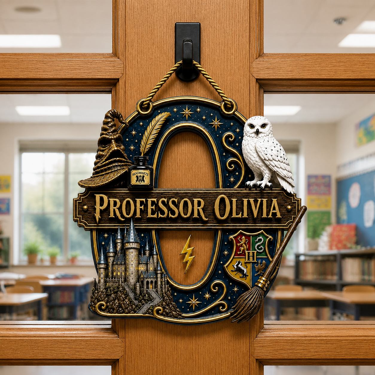 Custom Name Teacher Door Hanger, Personalized Classroom Welcome Sign, Halloween Gift for Teachers hn31072026