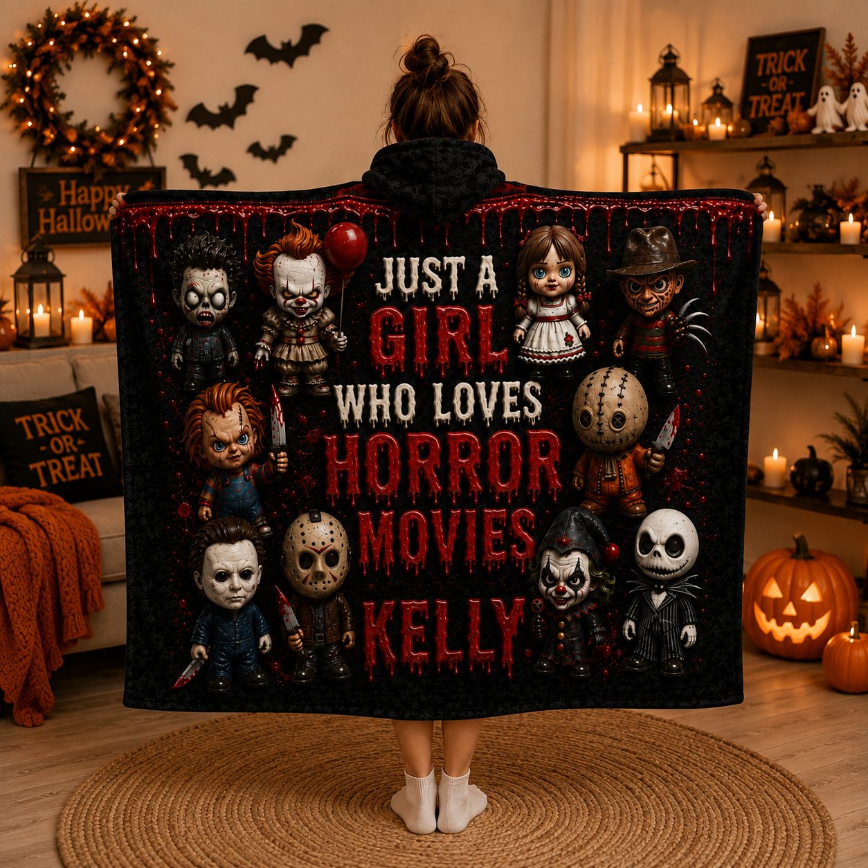 Custom Name Horror Blanket Hoodie, Personalized Spooky Wearable Blanket, Gift for Horror Fans