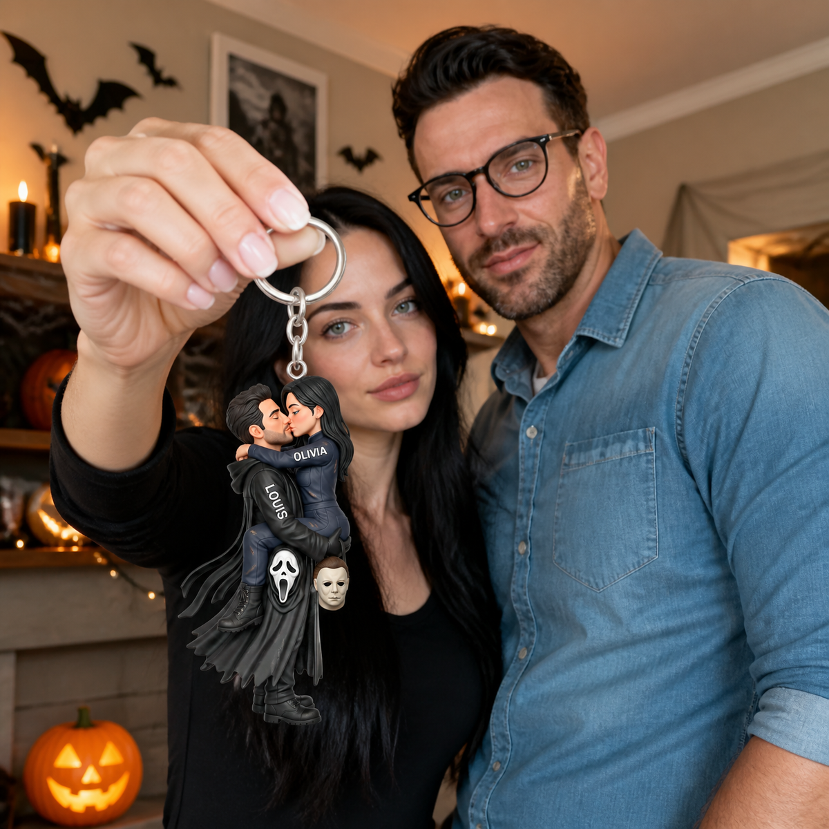Custom Couple Photo Name Keychain, Personalized Love Key Ring, Halloween Gift for Couples hn11082026
