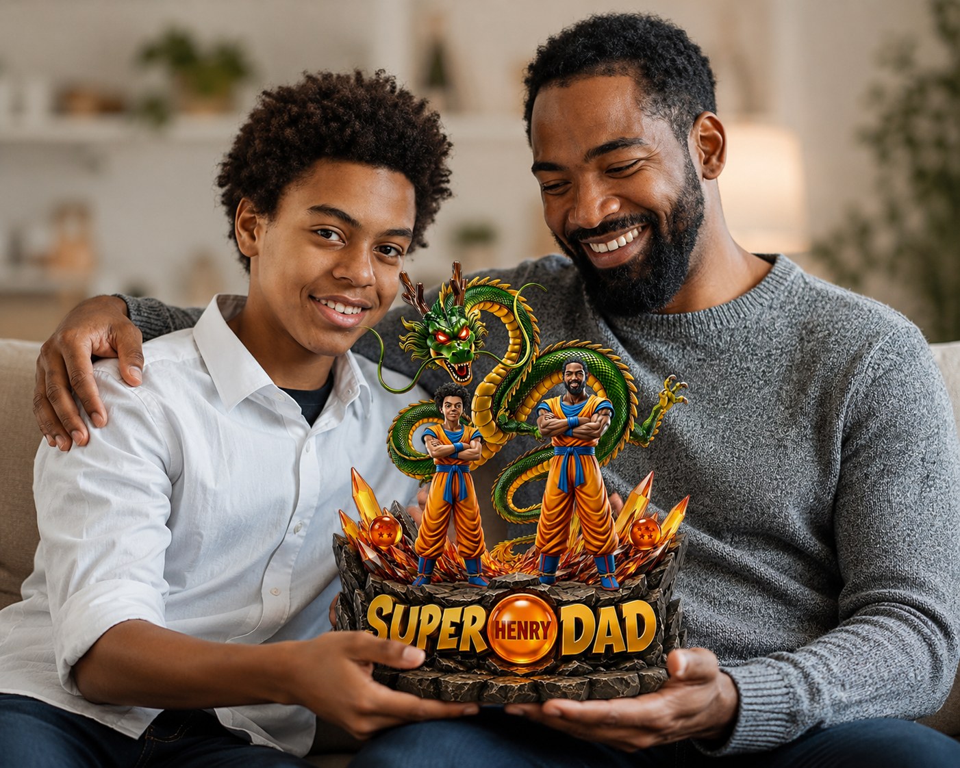 Custom Photo Plaque for Dad – Super Dad Dragon Gift – Personalized Father Son Keepsake – Anime Style Gift for Dad
