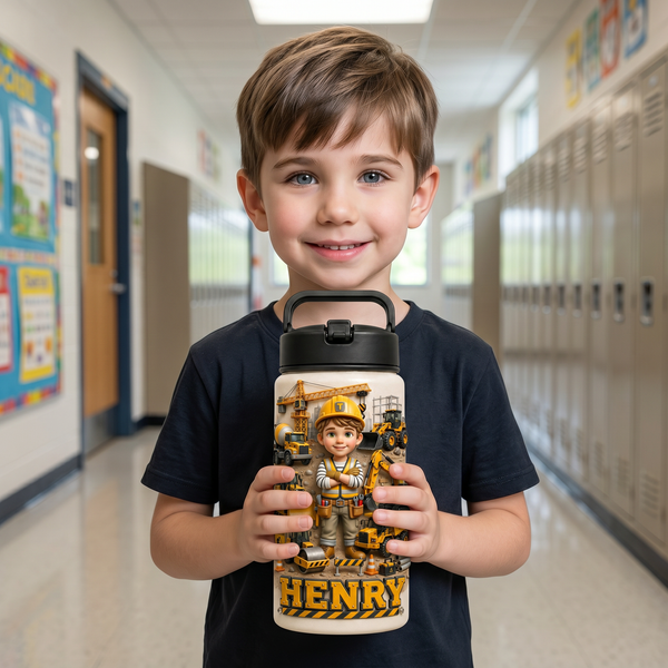 Custom Photo Construction Kids Water Bottle - Personalized Little Builder Back to School Gift