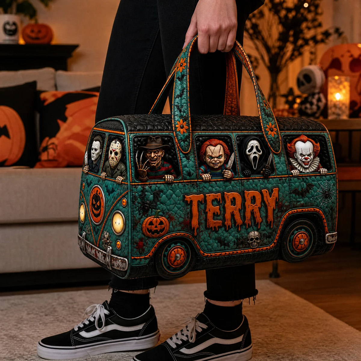 Custom Name Horror Slasher Squad Quilted Duffle Bag - Personalized Creepy Villain Travel Luggage
