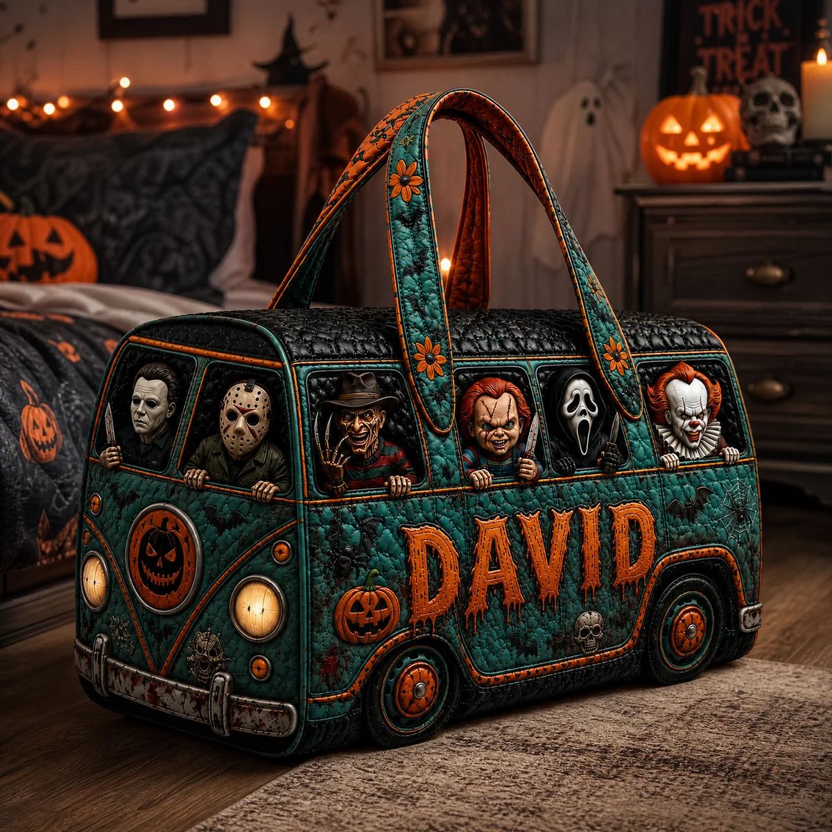 Custom Name Horror Slasher Squad Quilted Duffle Bag - Personalized Creepy Villain Travel Luggage
