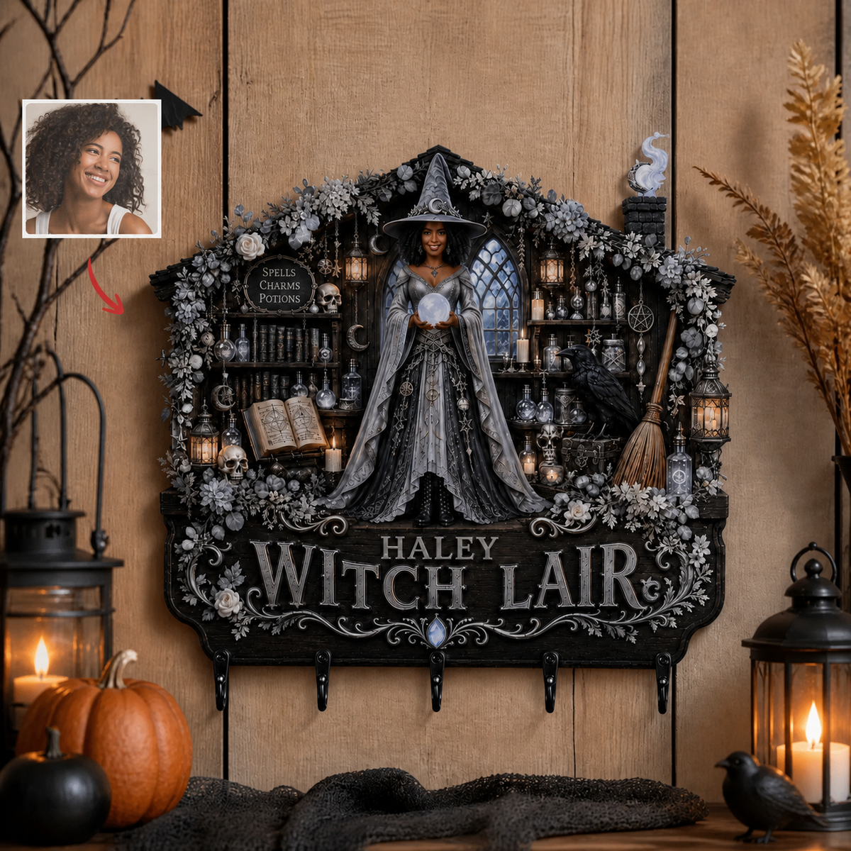 Custom Photo Name Witch Key Hanger, Personalized Halloween Wall Key Holder, Gift for Witch Fans hn29072026