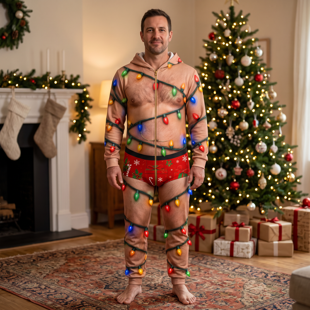 Funny Christmas Pajama Set With Holiday Lights Design, Personalized Xmas Sleepwear, Gift for Friends and Holiday Lovers hn01102026