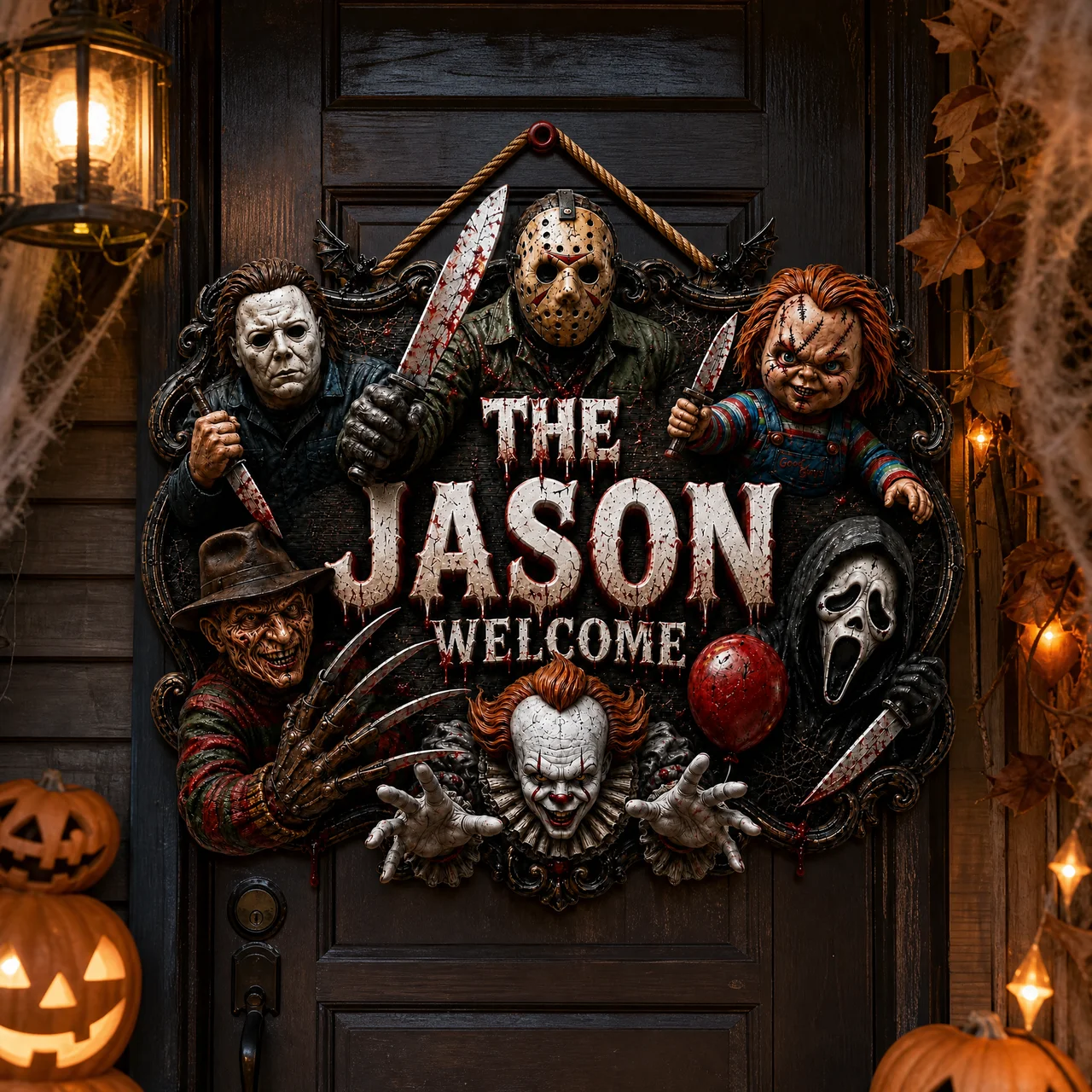 Custom Family Name Horror Slasher Squad Door Hanger - Personalized Creepy Villain Welcome Sign hn27072026