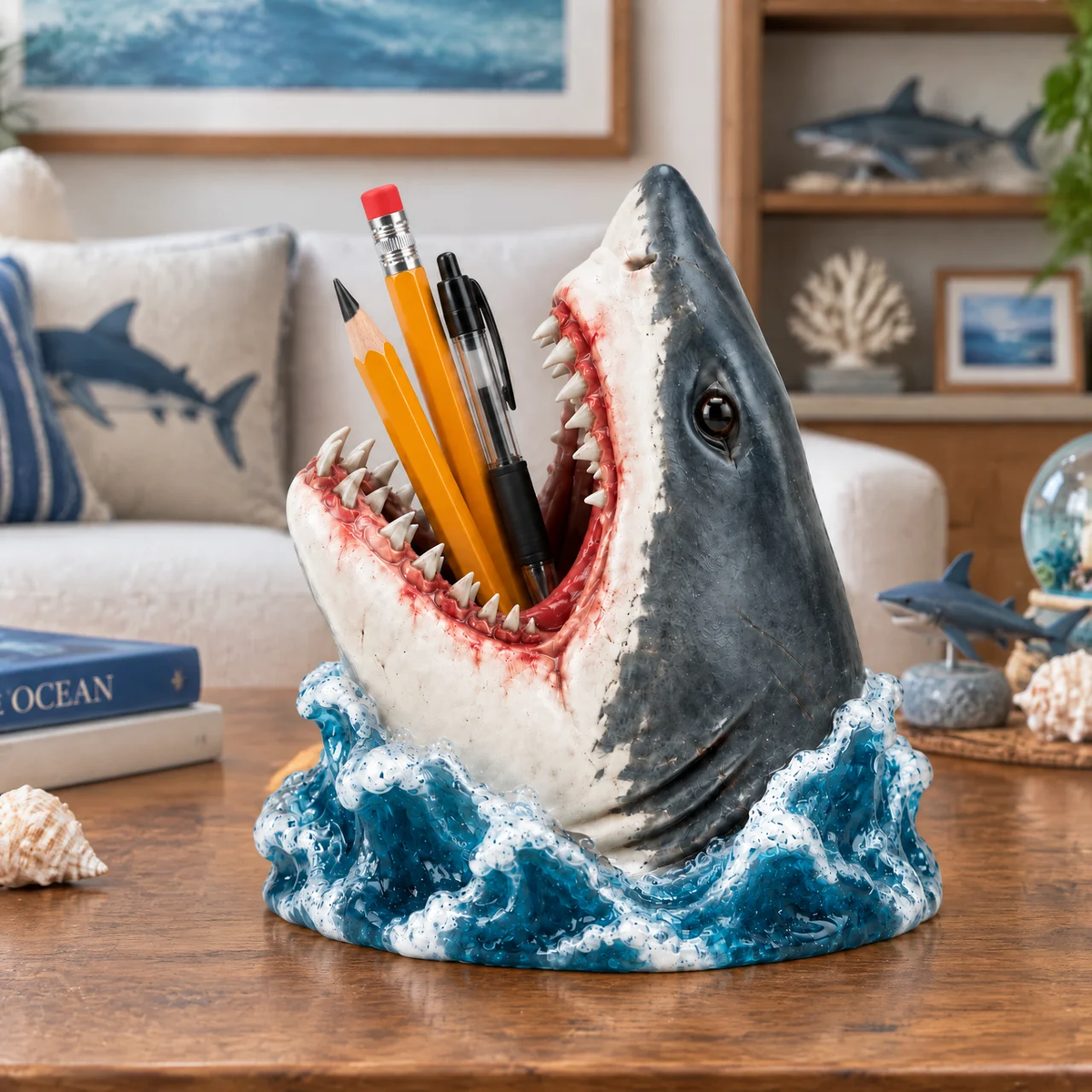 Shark Pen Holder, Ocean Themed Desk Organizer, Unique Shark Gift for Ocean Lovers, Students and Marine Life Fans hn06102026