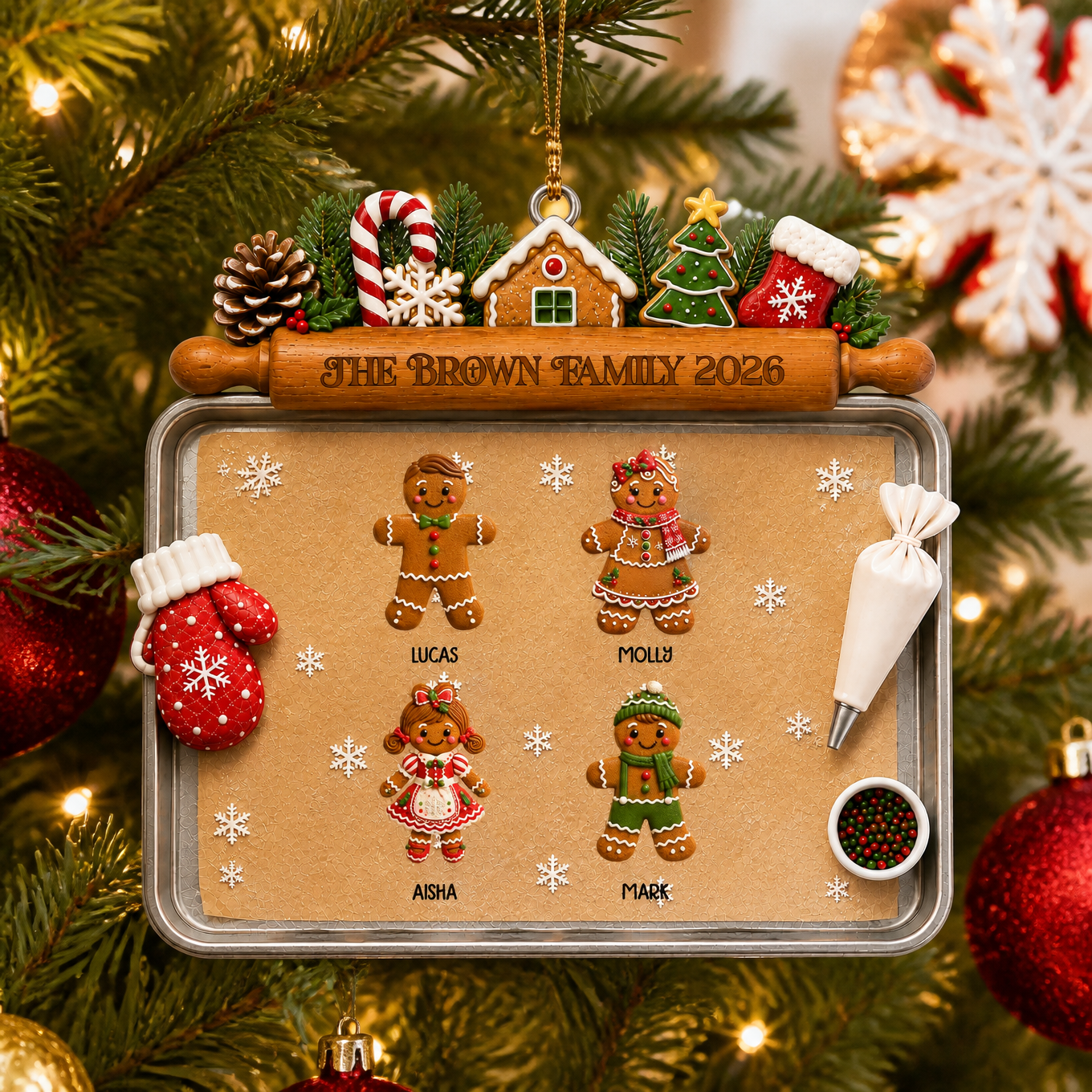 Custom Family Name Gingerbread Christmas Ornament, Personalized Holiday Tree Decoration, Gift for Families hn26082026
