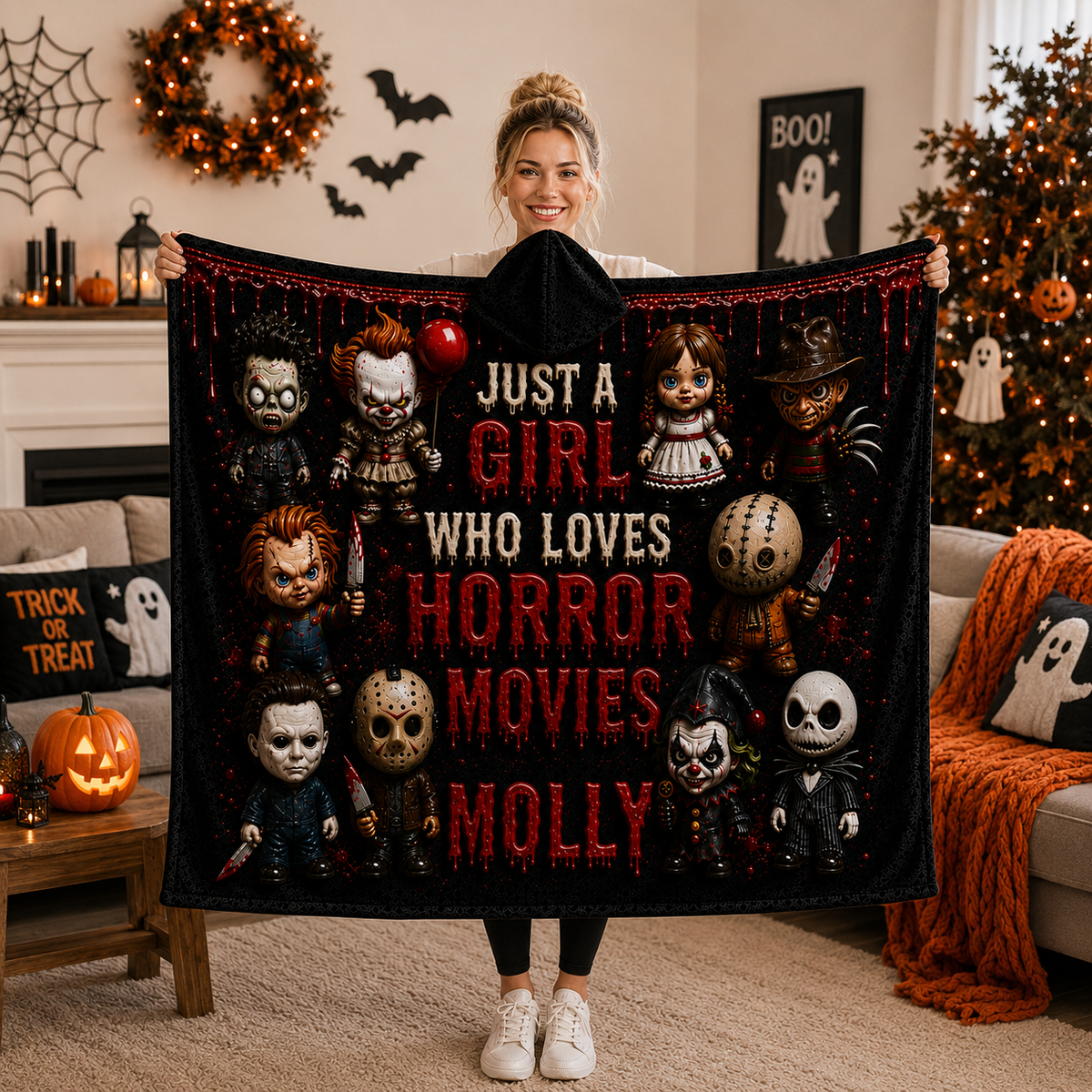 Custom Name Horror Blanket Hoodie, Personalized Spooky Wearable Blanket, Gift for Horror Fans