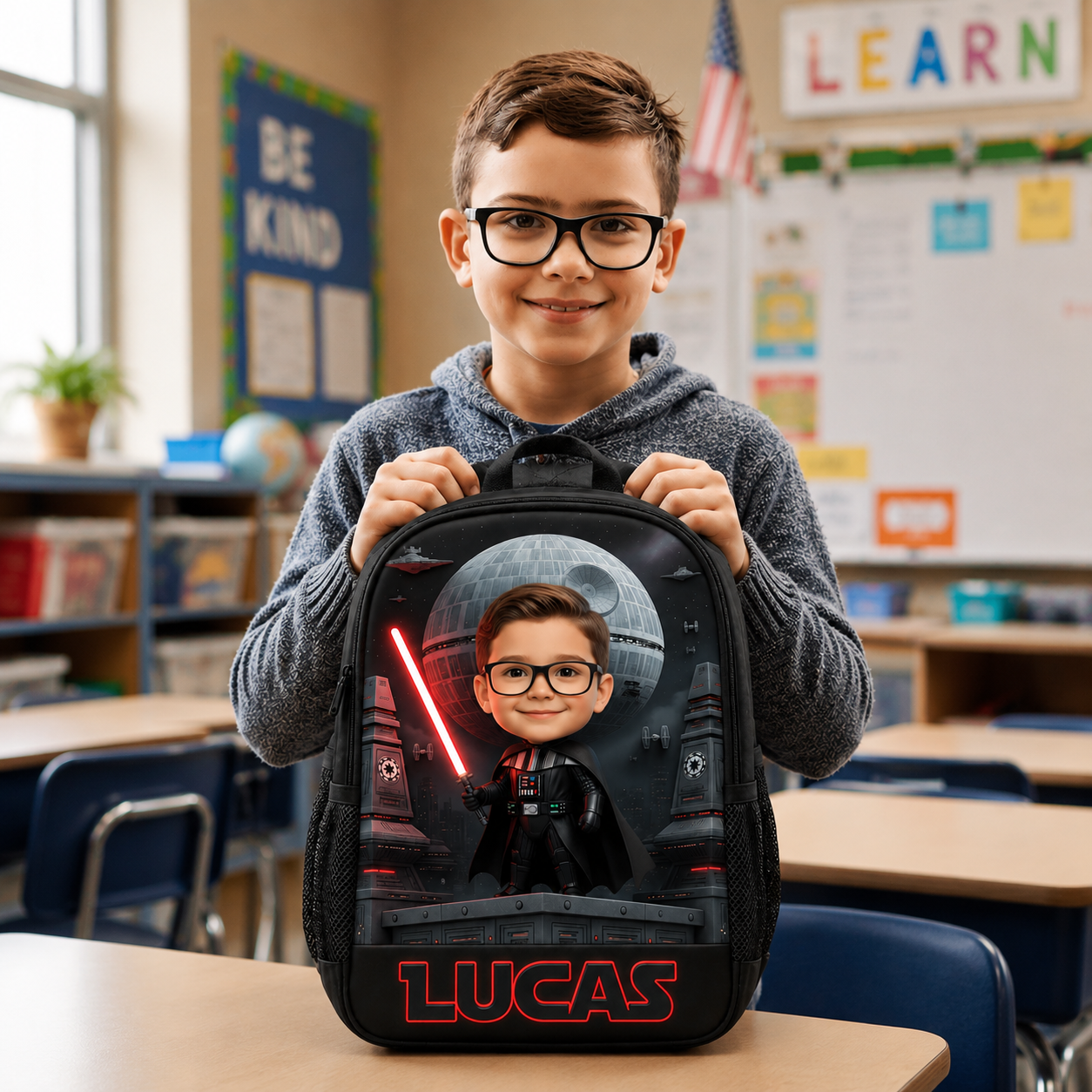 Custom Cartoon Photo Kids Backpack - Personalized Space Warrior School Bag