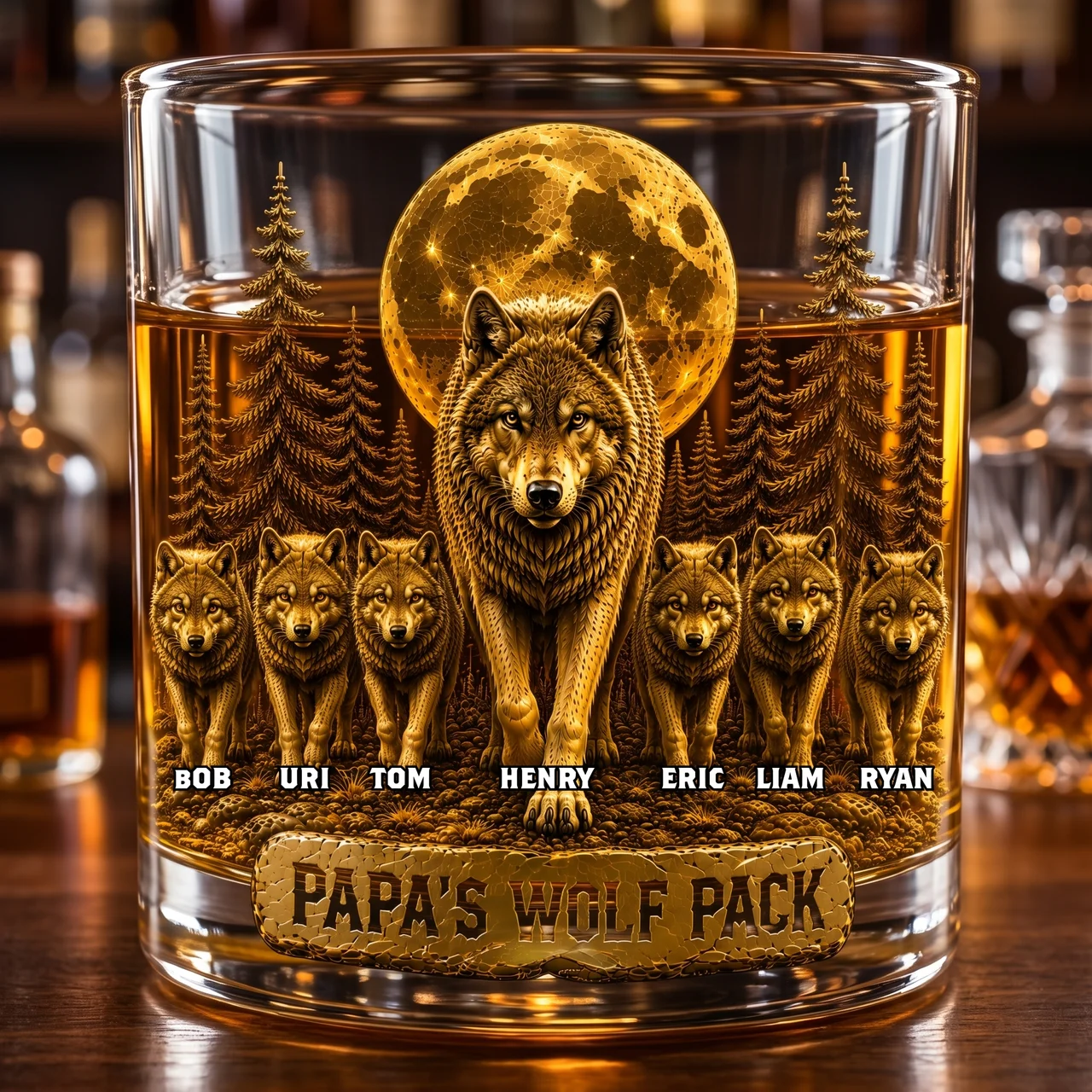 Personalized Wolf Whiskey Glass for Dad, Custom Papa’s Wolf Pack Whiskey Glass, Engraved Whiskey Tumbler Gift for Dad, Father’s Day Bourbon Glass Gift