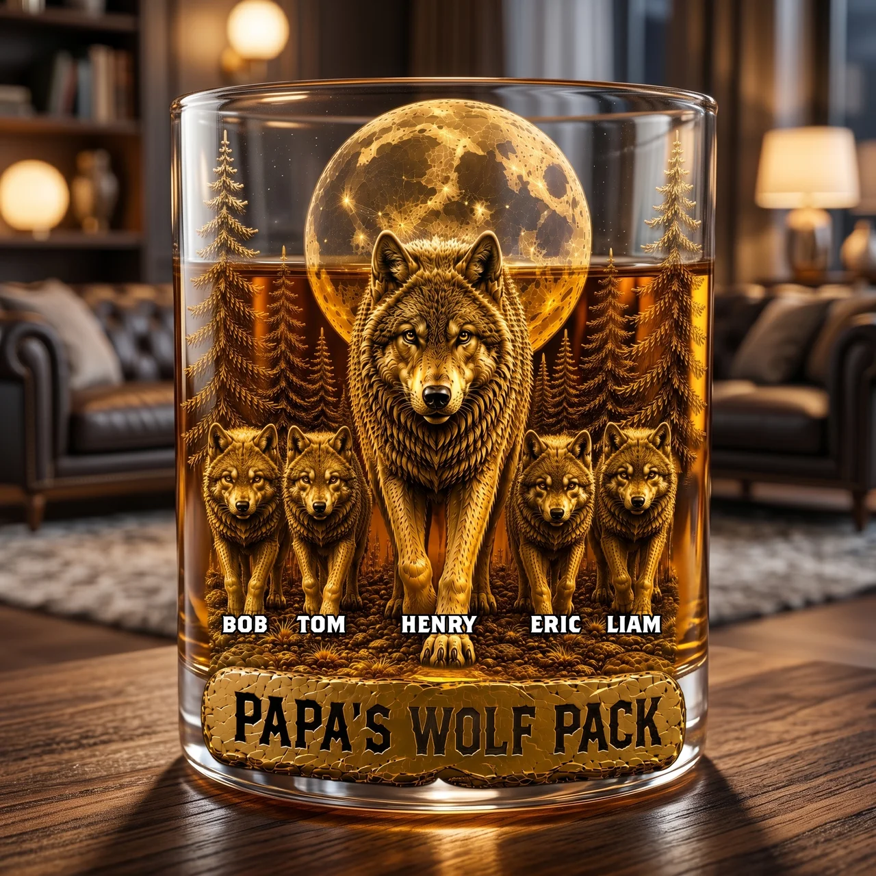 Personalized Wolf Whiskey Glass for Dad, Custom Papa’s Wolf Pack Whiskey Glass, Engraved Whiskey Tumbler Gift for Dad, Father’s Day Bourbon Glass Gift
