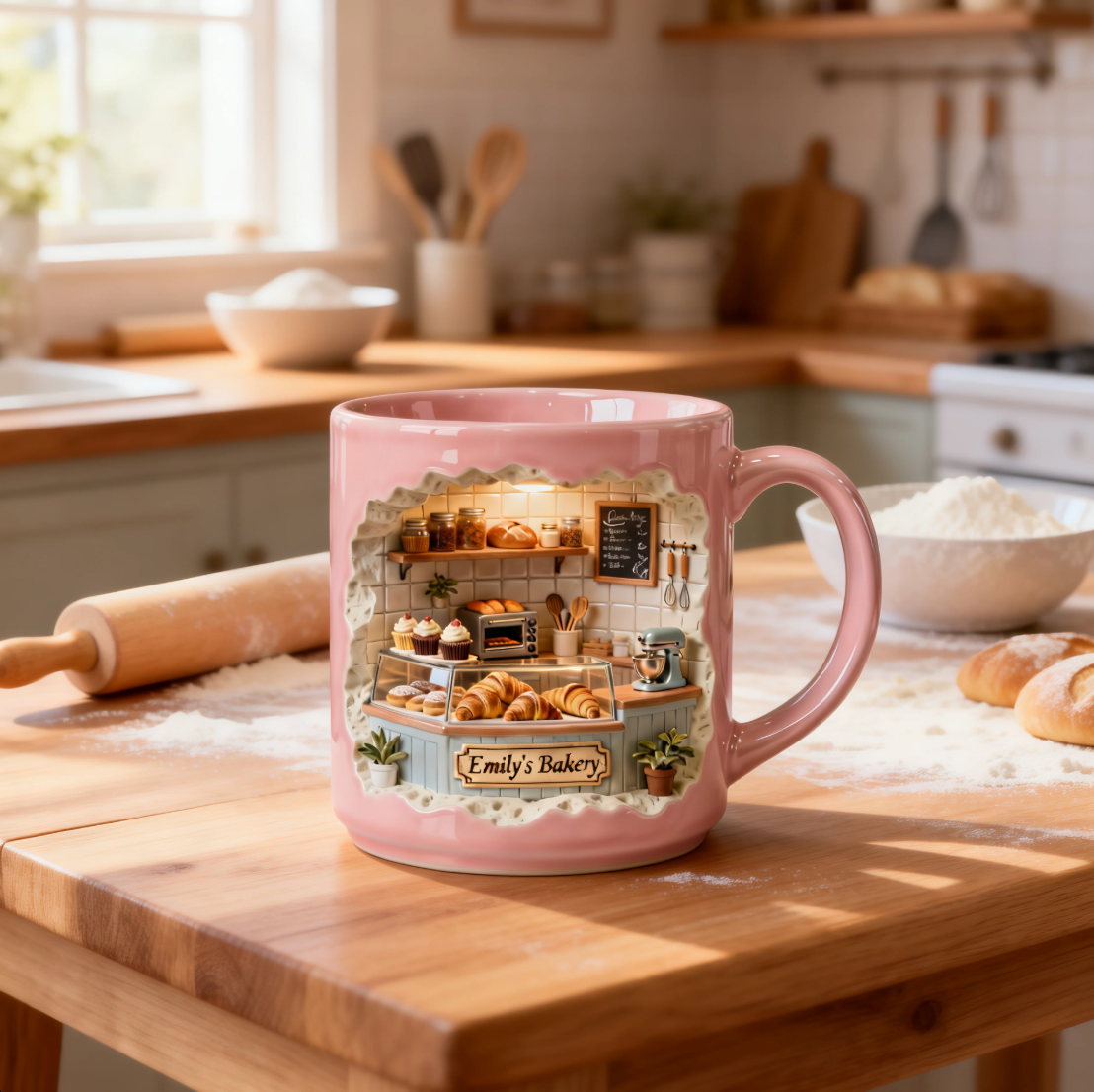 Personalized Bakery Mug with Name – 3D Mini Bakery Coffee Mug, Baker Gift