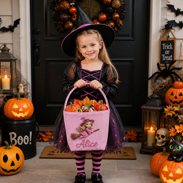 Custom Photo Name Witch Candy Basket, Personalized Halloween Trick Or Treat Basket, Gift for Kids Who Love Witches