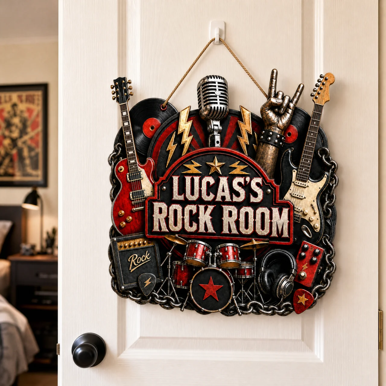 Custom Name Rock Music Door Hanger - Personalized Heavy Metal Studio Room Sign hn27072026