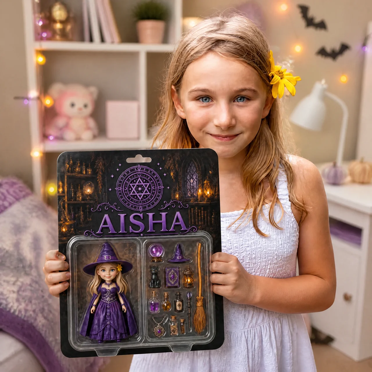 Custom Photo Name Witch Plaque, Personalized Halloween Collectible Gift, Magic Doll Display for Witch Fans hn28072026