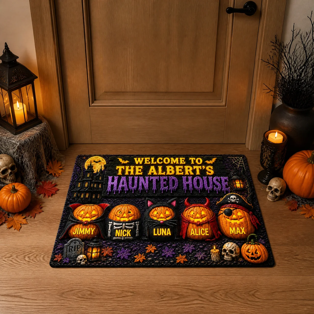 Custom Name Halloween Rug, Personalized Haunted House Welcome Mat, Gift for Horror Fans hn03082026