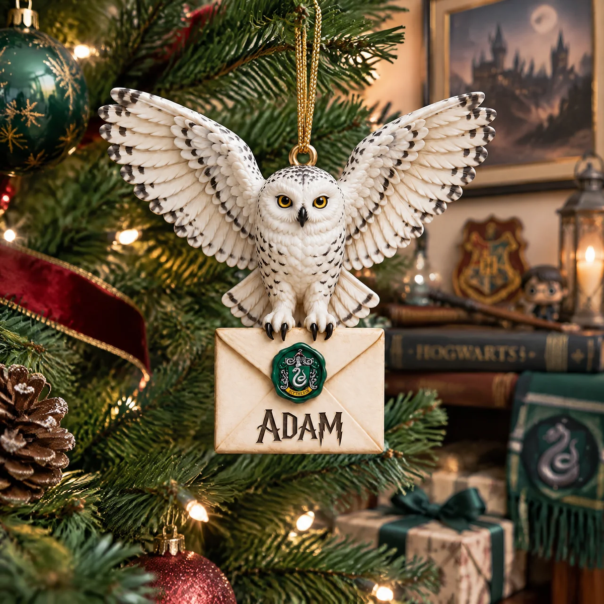 Custom Owl Christmas Ornament With Name, Personalized Wizard Inspired Holiday Keepsake, Gift for Fantasy Fans and Magic Lovers hn07102026