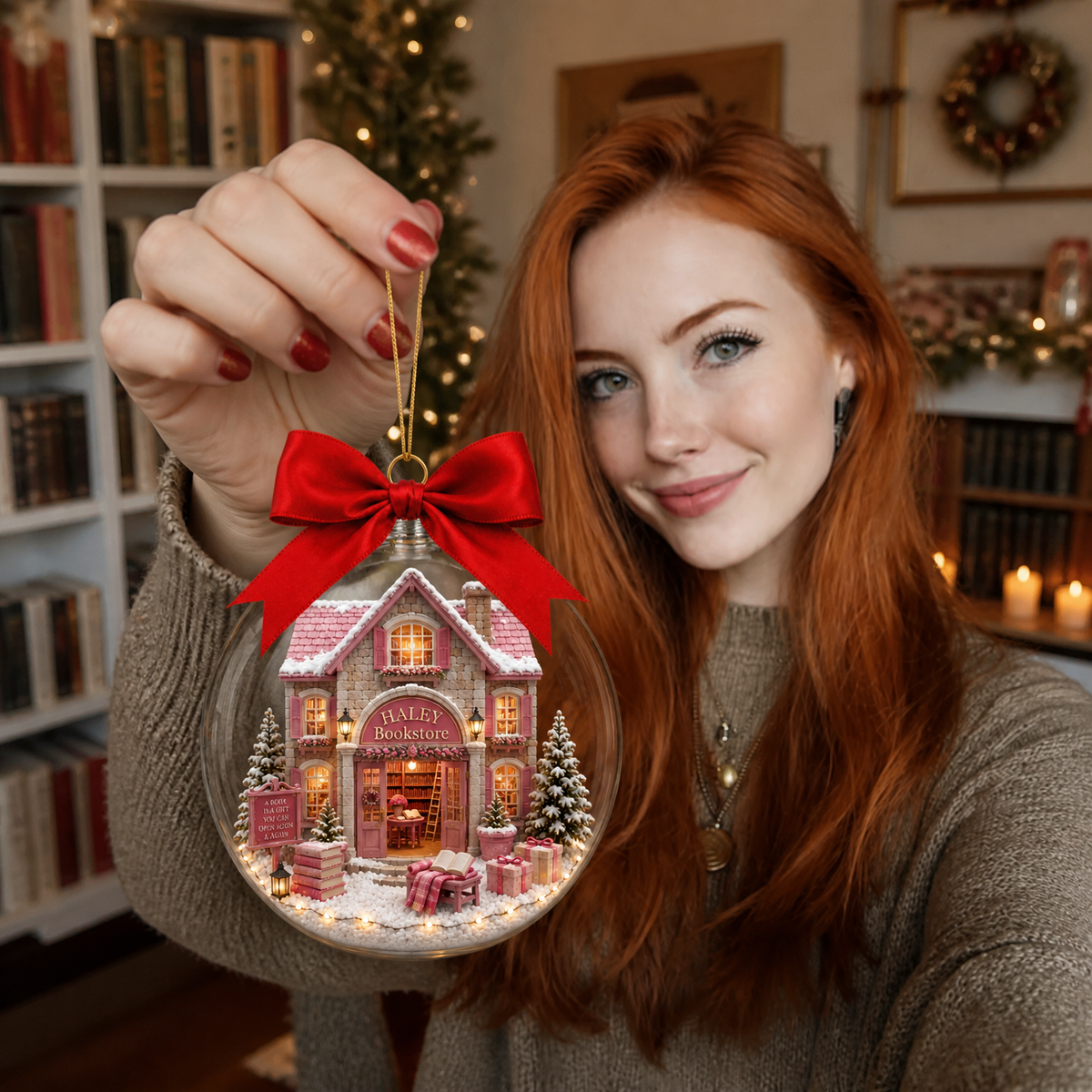 Custom Name Bookstore Christmas Ornament, Personalized Book Lover Tree Decoration, Gift for Book Lovers hn12082026