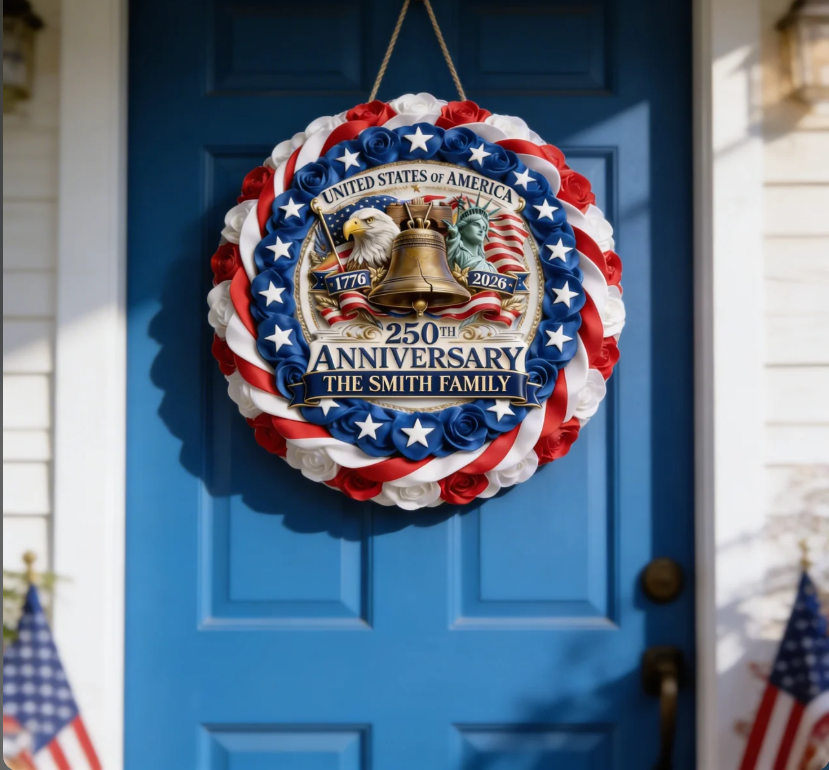 Personalized 4th of July Door Sign – USA 250th Anniversary 1776-2026 Wood Sign, Patriotic Front Door Wreath, Custom Family Name Decor