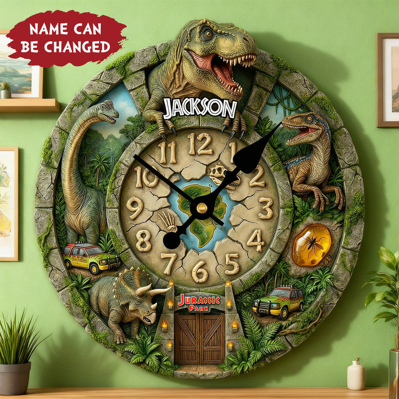 Personalized Dinosaur Wall Clock with Name – Jurassic Style Kids Room Wall Decor