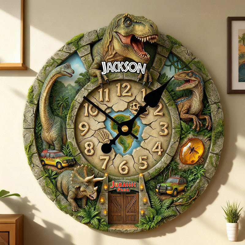 Personalized Dinosaur Wall Clock with Name – Jurassic Style Kids Room Wall Decor