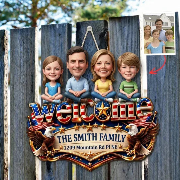 Personalized 4th of July Door Sign – Custom Family Photo Hanging, Patriotic Welcome Sign, Independence Day Decor, Custom Name Door Hanger