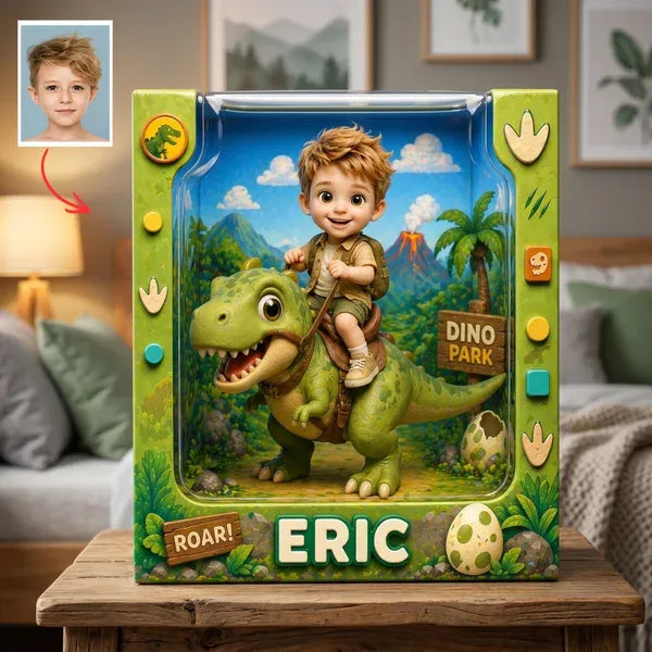 Custom Dinosaur Photo Plaque – Personalized Kids Gift, Turn Photo Into Cartoon Character, Unique Name Gift For Boys & Girls, Birthday Gift Idea