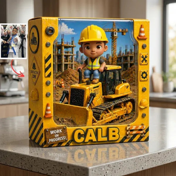 Custom Kids Construction Plaque – Personalized Photo Gift for Boys, Bulldozer Theme Name Sign, Birthday Gift for Kids, Custom Cartoon Plaque
