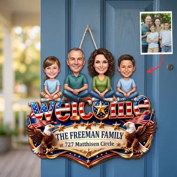 Personalized 4th of July Door Sign – Custom Family Photo Hanging, Patriotic Welcome Sign, Independence Day Decor, Custom Name Door Hanger