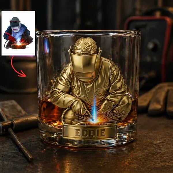 Personalized Whiskey Glass for Dad – Custom Welder Gift, Engraved Whiskey Mug, Gift for Dad, Husband, Grandpa, Custom Name Glass