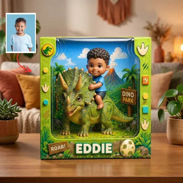Custom Dinosaur Photo Plaque – Personalized Kids Gift, Turn Photo Into Cartoon Character, Unique Name Gift For Boys & Girls, Birthday Gift Idea
