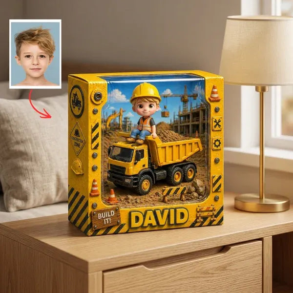 Custom Kids Construction Plaque – Personalized Photo Gift for Boys, Bulldozer Theme Name Sign, Birthday Gift for Kids, Custom Cartoon Plaque