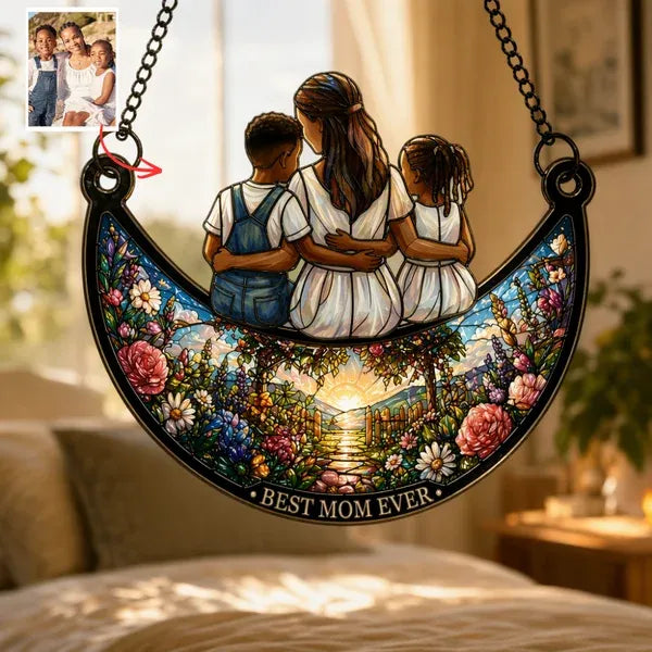 Custom Photo Suncatcher For Mom – Personalized Stained Glass Window Hanging, Moon & Star Design, Gift For Mom Mother's Day Gift