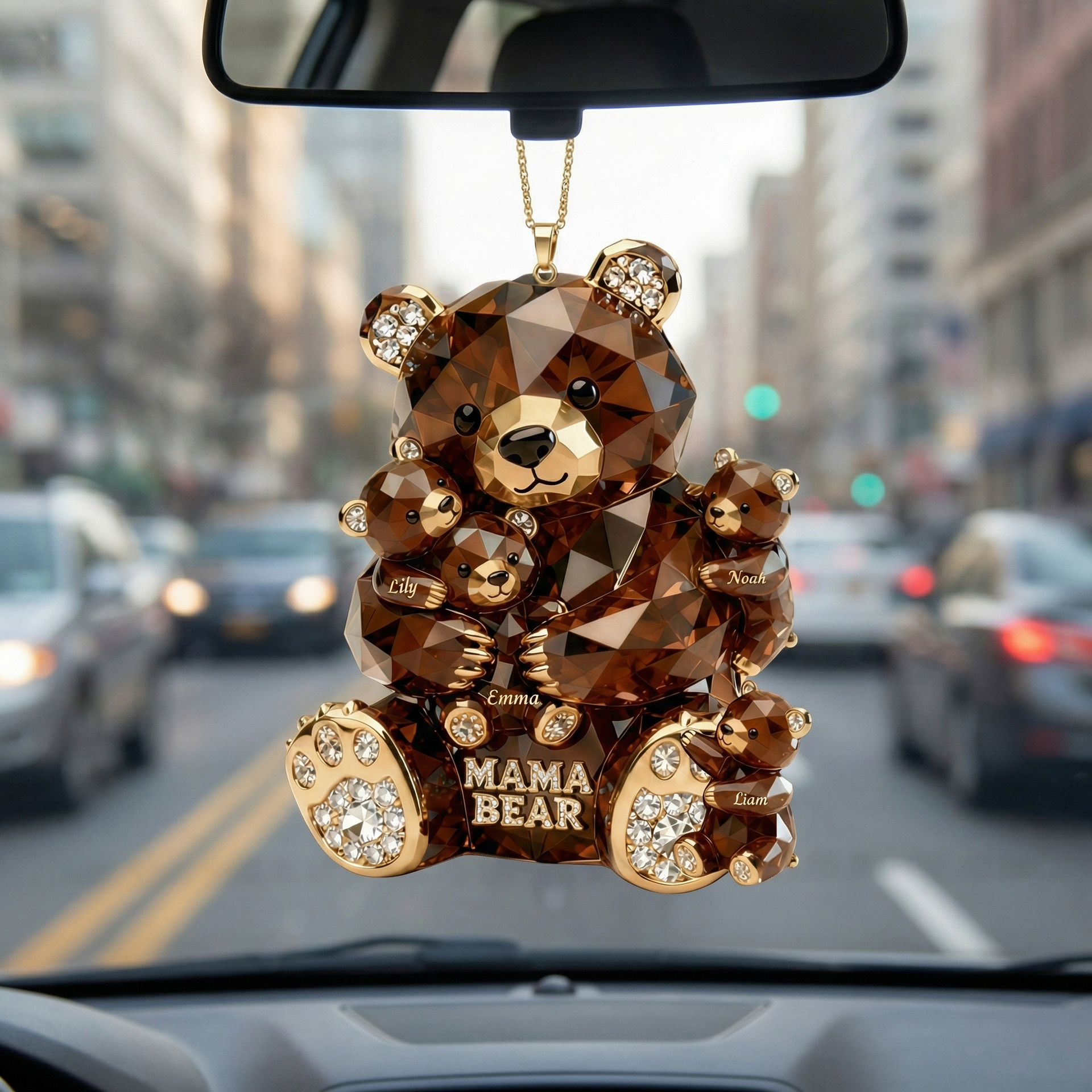 Custom Mama Bear with Cubs Car Hanger – Personalized Family Name Rearview Mirror Charm Gift For Mom
