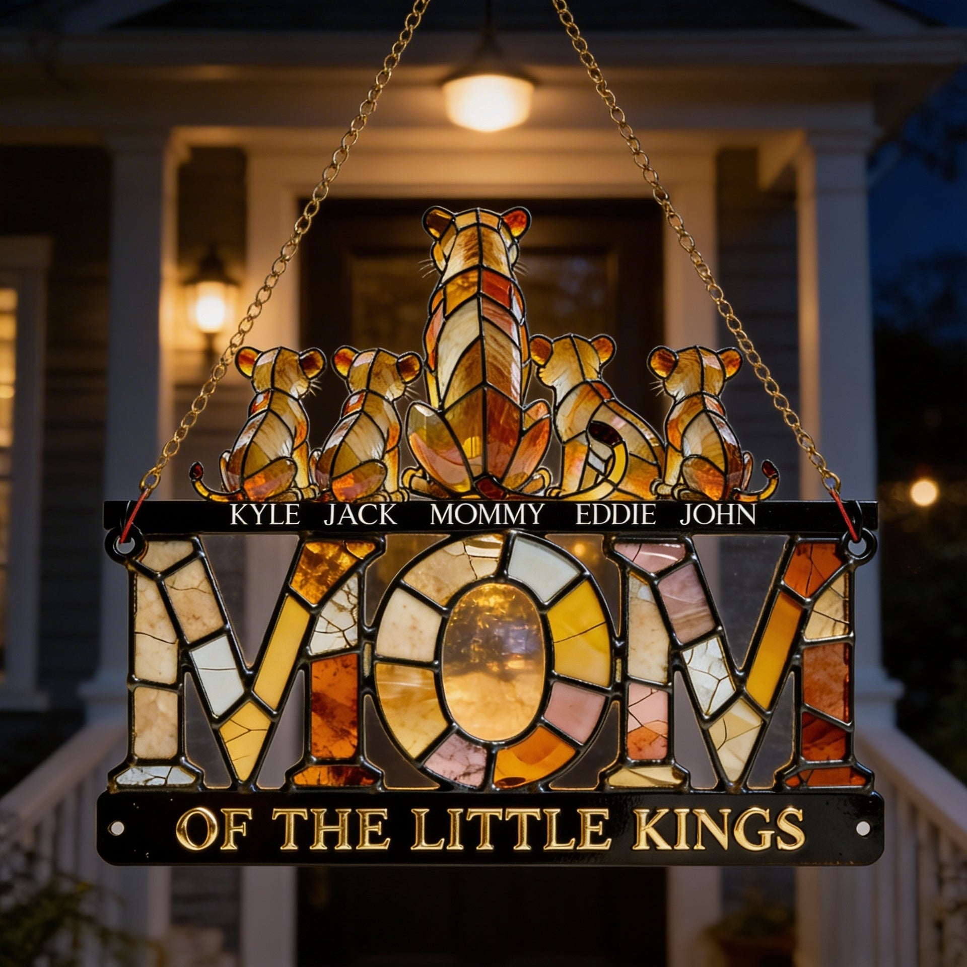 Custom Lion Family Suncatcher – Personalized Mom Of The Little Kings Stained Glass Window Hanging – Gift For Mom From Kids